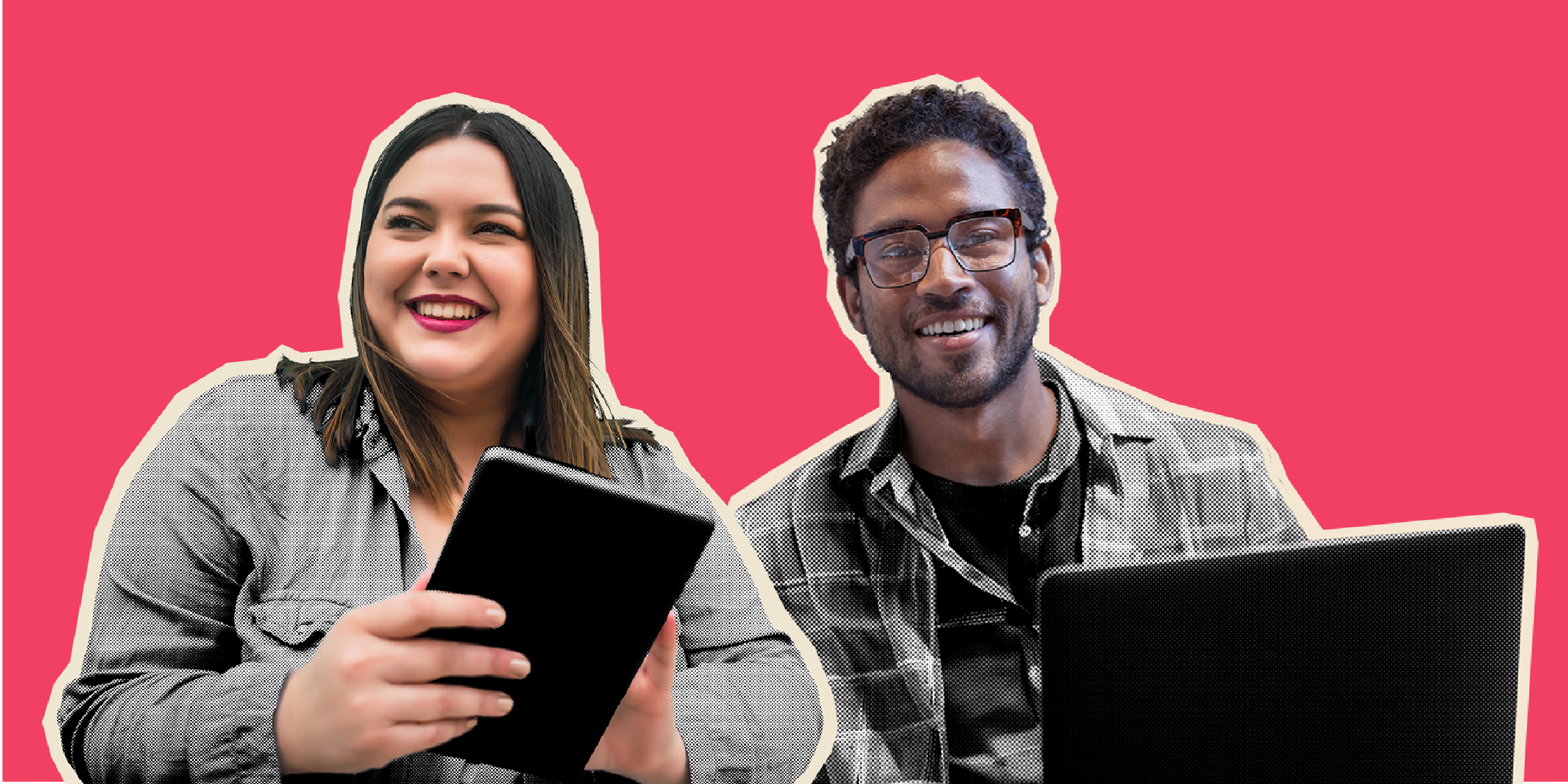 A collage of a female using a smart tablet and a male using a laptop on a bright pink background